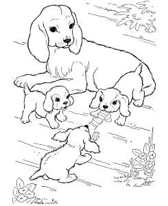 Dog Coloring Pages | Mother dog watching her puppies play coloring