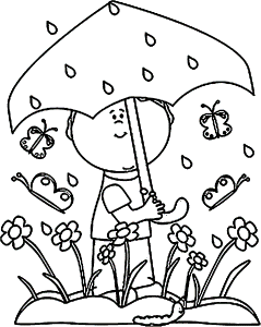 Spring Butterfly Flower Umbrella Rain Coloring Page | 