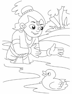 Krishna the bird lover playing with duck coloring pages | Download