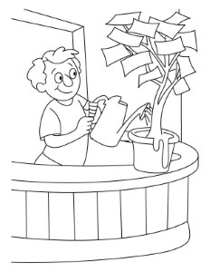 A boy giving water in the money plant coloring pages | Download