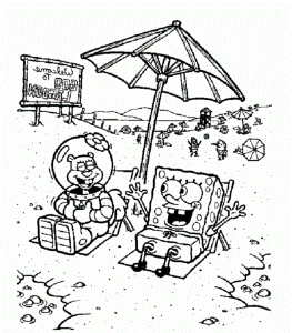 Spongebob And Sandy On The Beach Coloring Pages: Spongebob And