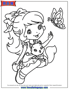 Strawberry Shortcake With Kitten And Butterfly Coloring Page | HM