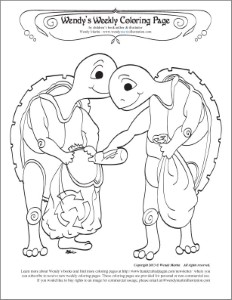 Trash collecting turtles coloring page for Earth Day -