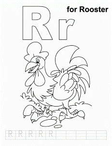 R for rooster coloring page with handwriting practice | Download