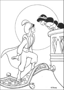Aladdin coloring pages - Jasmine kissing Aladdin